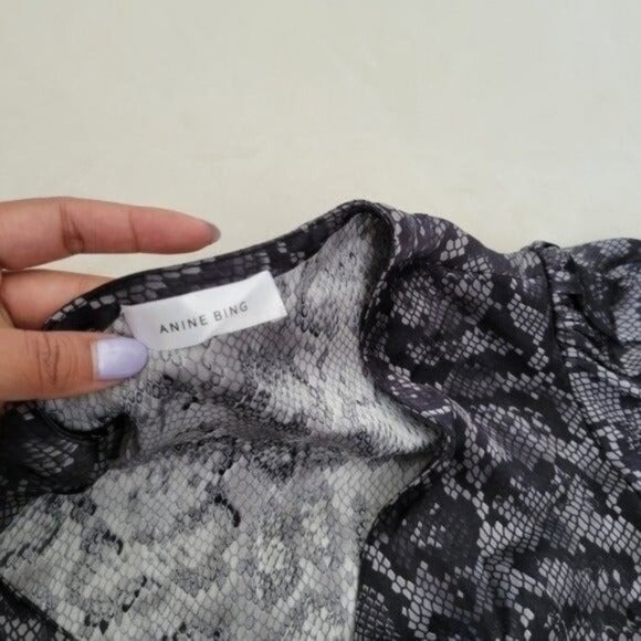 ANINE BING Penelope Long-Sleeve Silk Grey Python Print Mini Wrap Dress Size S - Picture 12 of 12